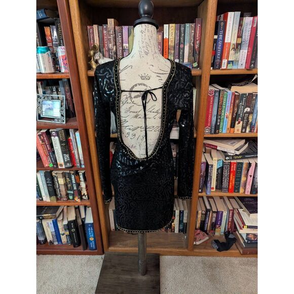 Mng wool and silk black sequin long sleeve cocktail  dress sz m euc low back - Picture 3 of 8